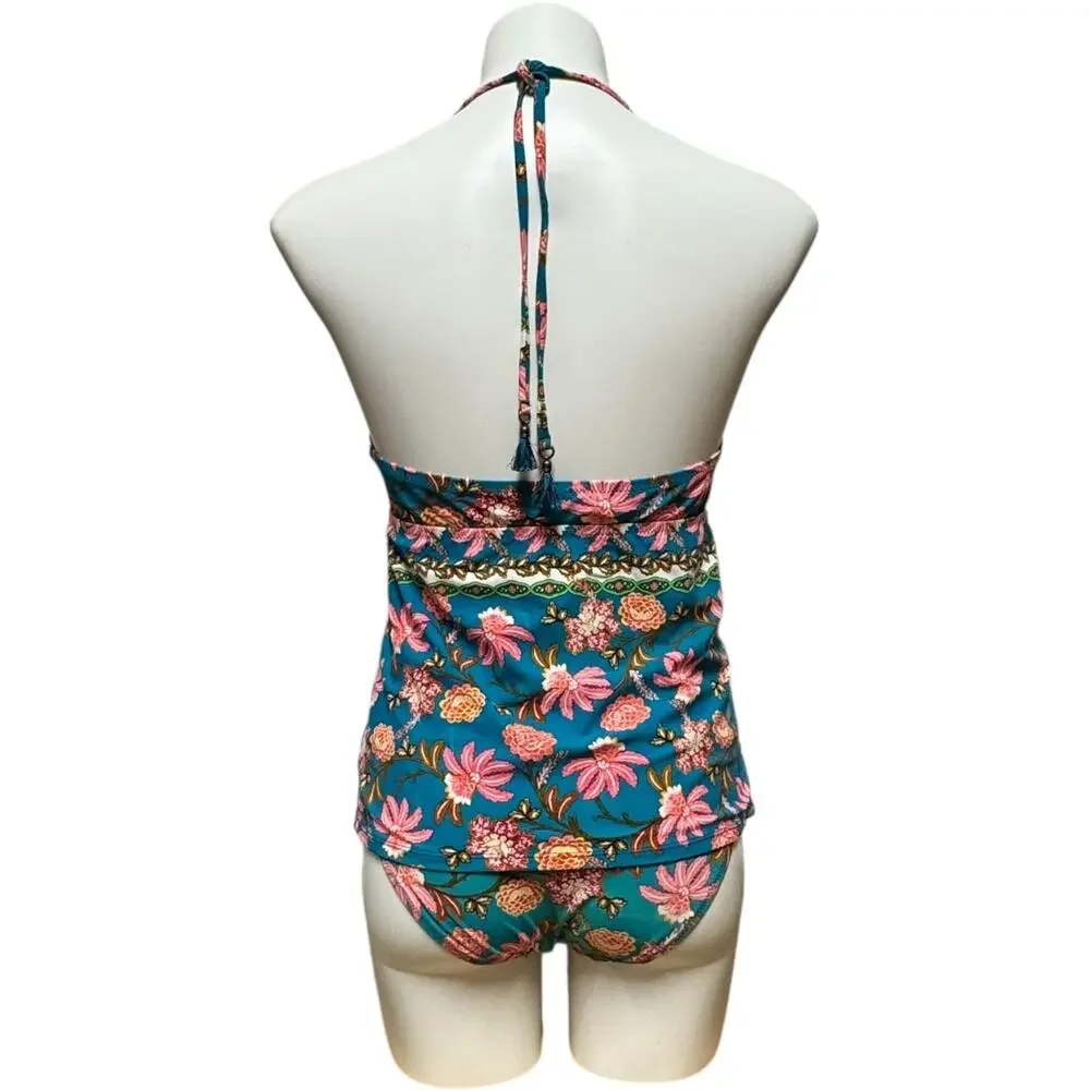 Nanette Lepore Polynesian Floral Tankini 2-Piece Swimsuit Blue Pink 6